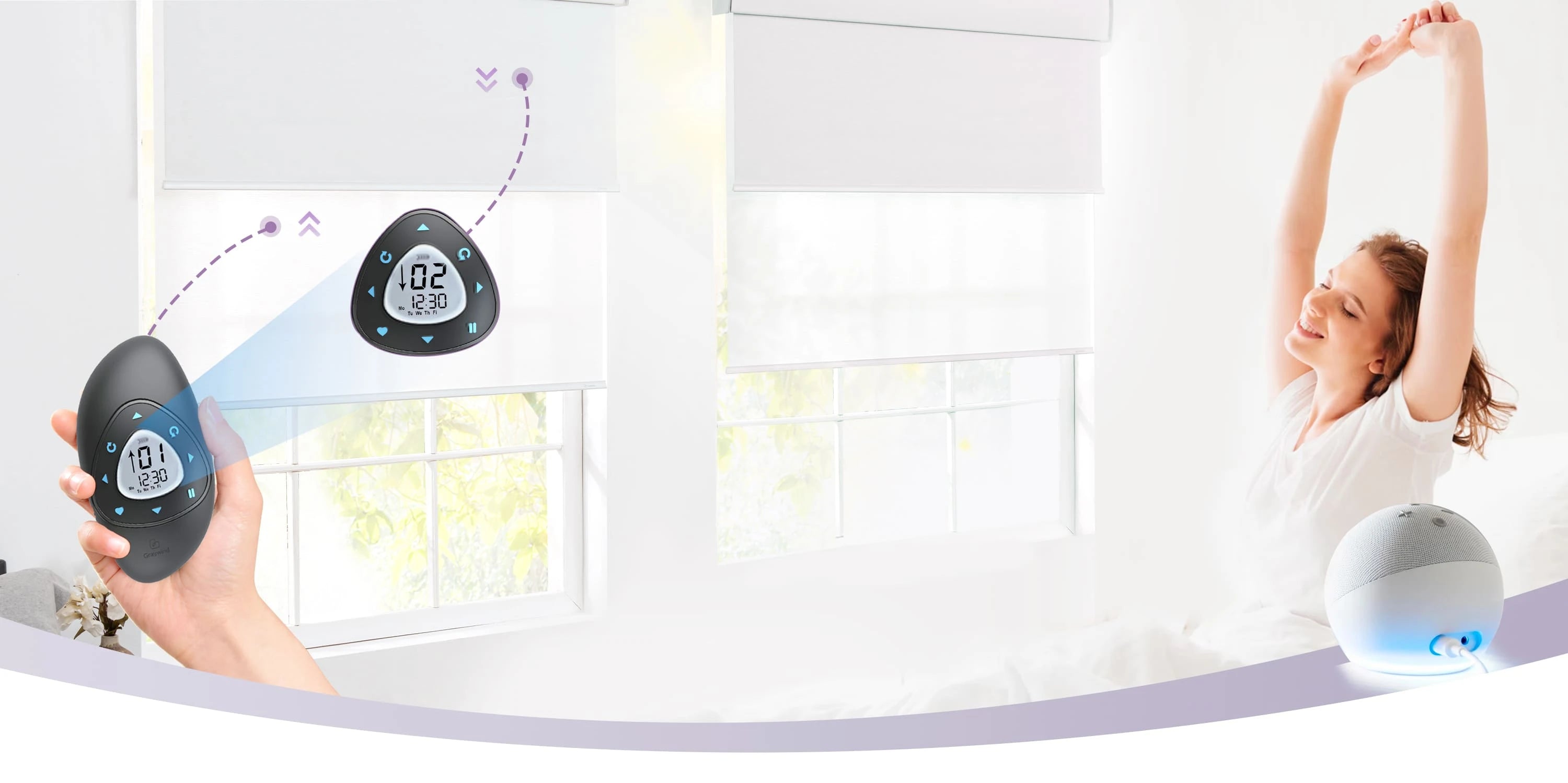 A woman using a remote control dual shades with a digital display.