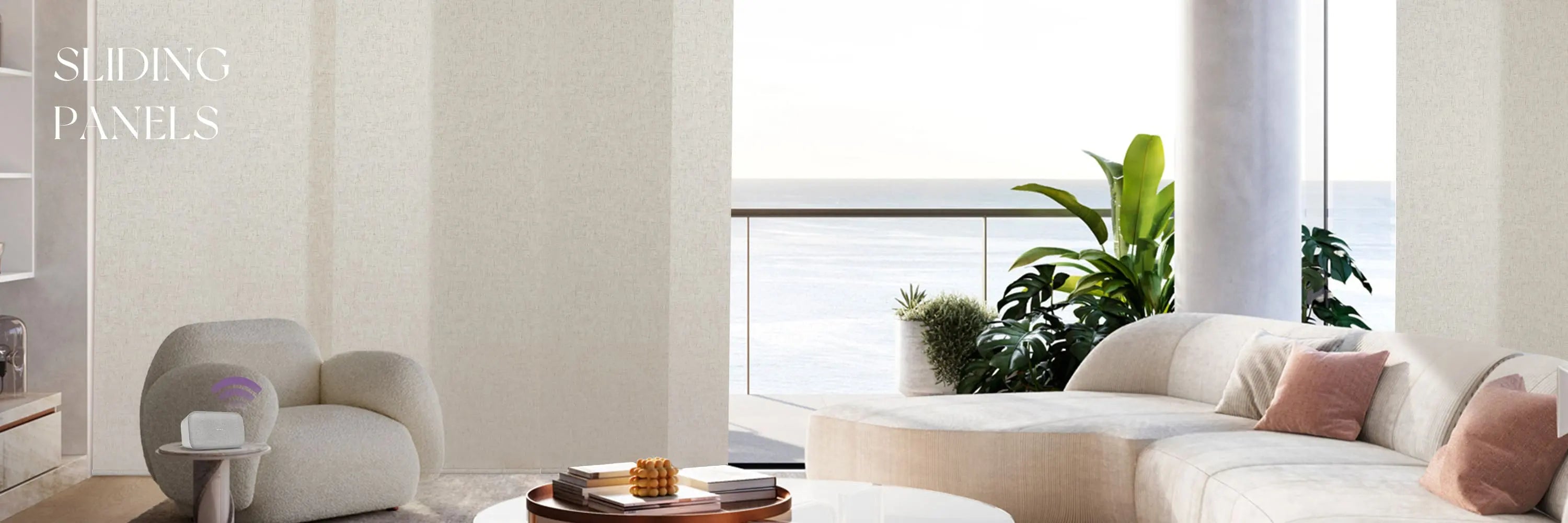 Modern living room with a panel track blinds in the background.