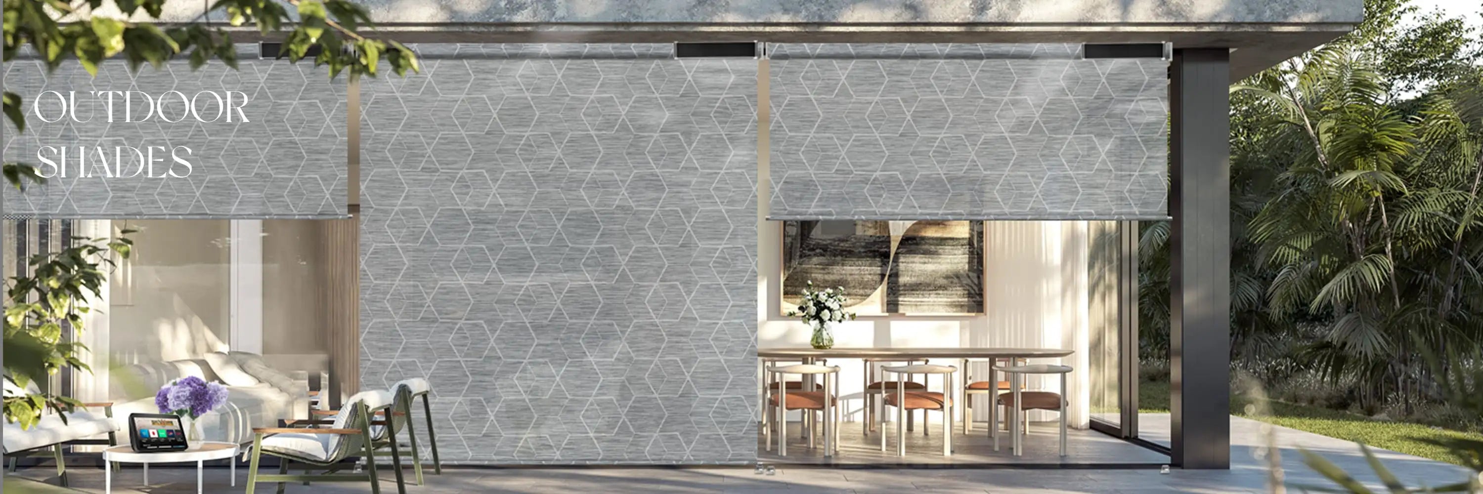 Outdoor shades covering a patio area with a modern home and garden in the background.