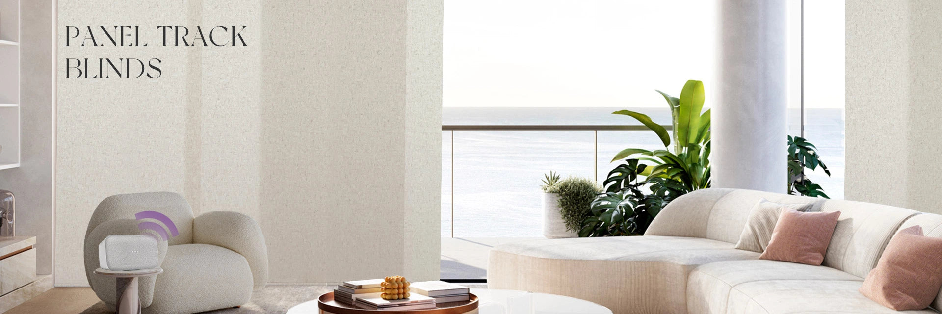 Living room with white sofa, armchair, and panel track blinds