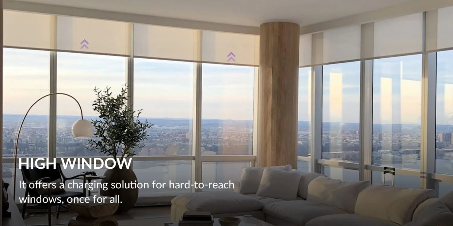 Modern living room with large windows offering a cityscape view, featuring a high window product.