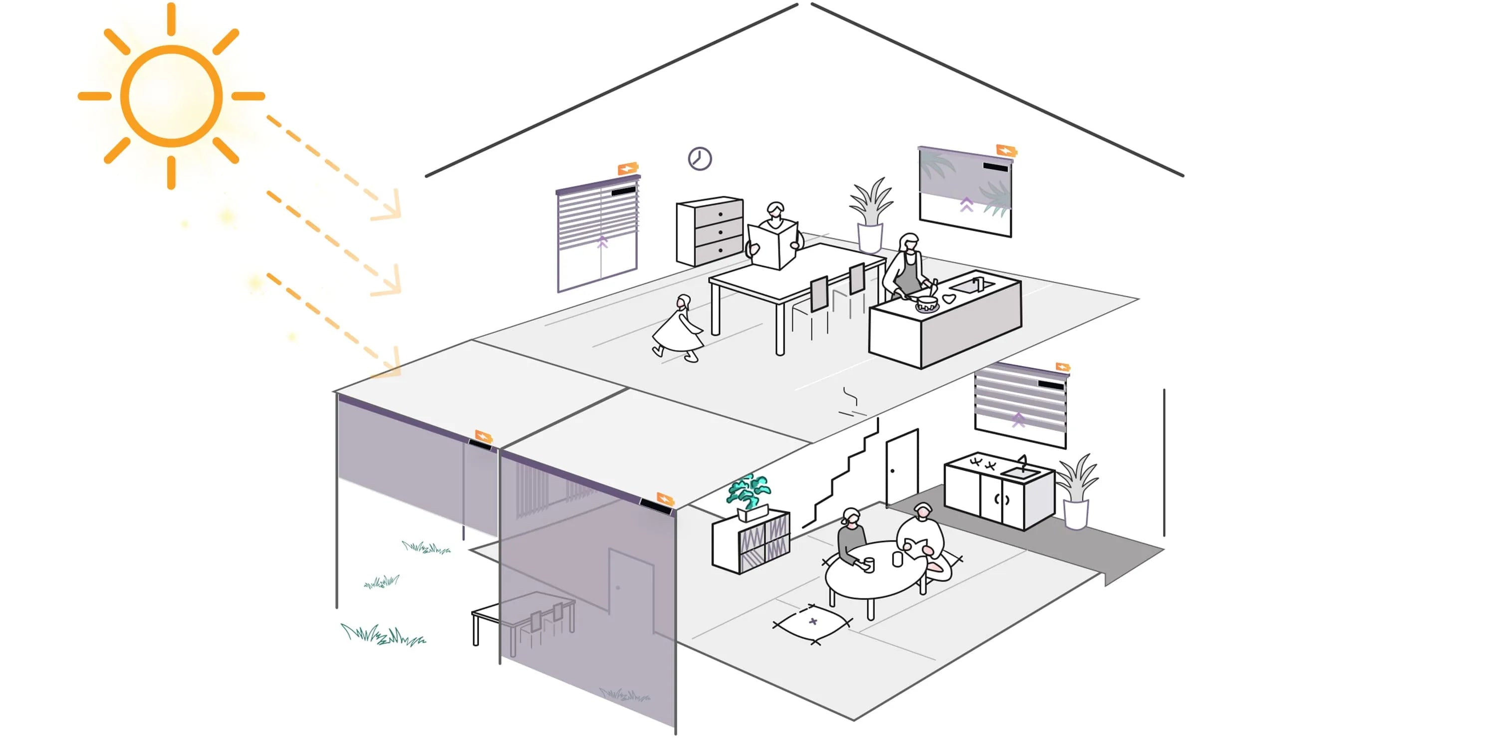 Diagram of a modern office layout with natural light and office furniture.