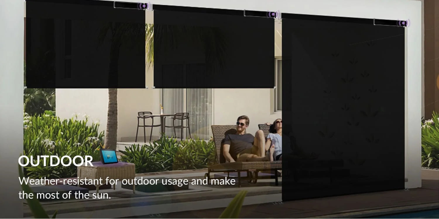 Black outdoor privacy screen with people sitting on a patio