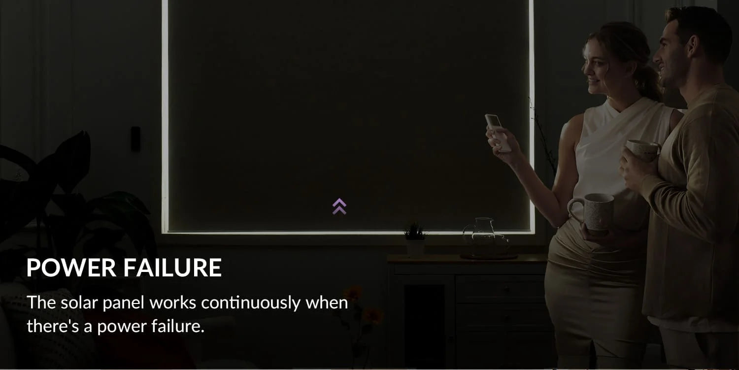 Two people standing in a dark room with a solar panel on the wall, text indicating continuous power during failures.