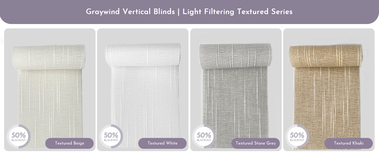 Graywind Veitical Blinds Light Filtering Texture Series Swatches.