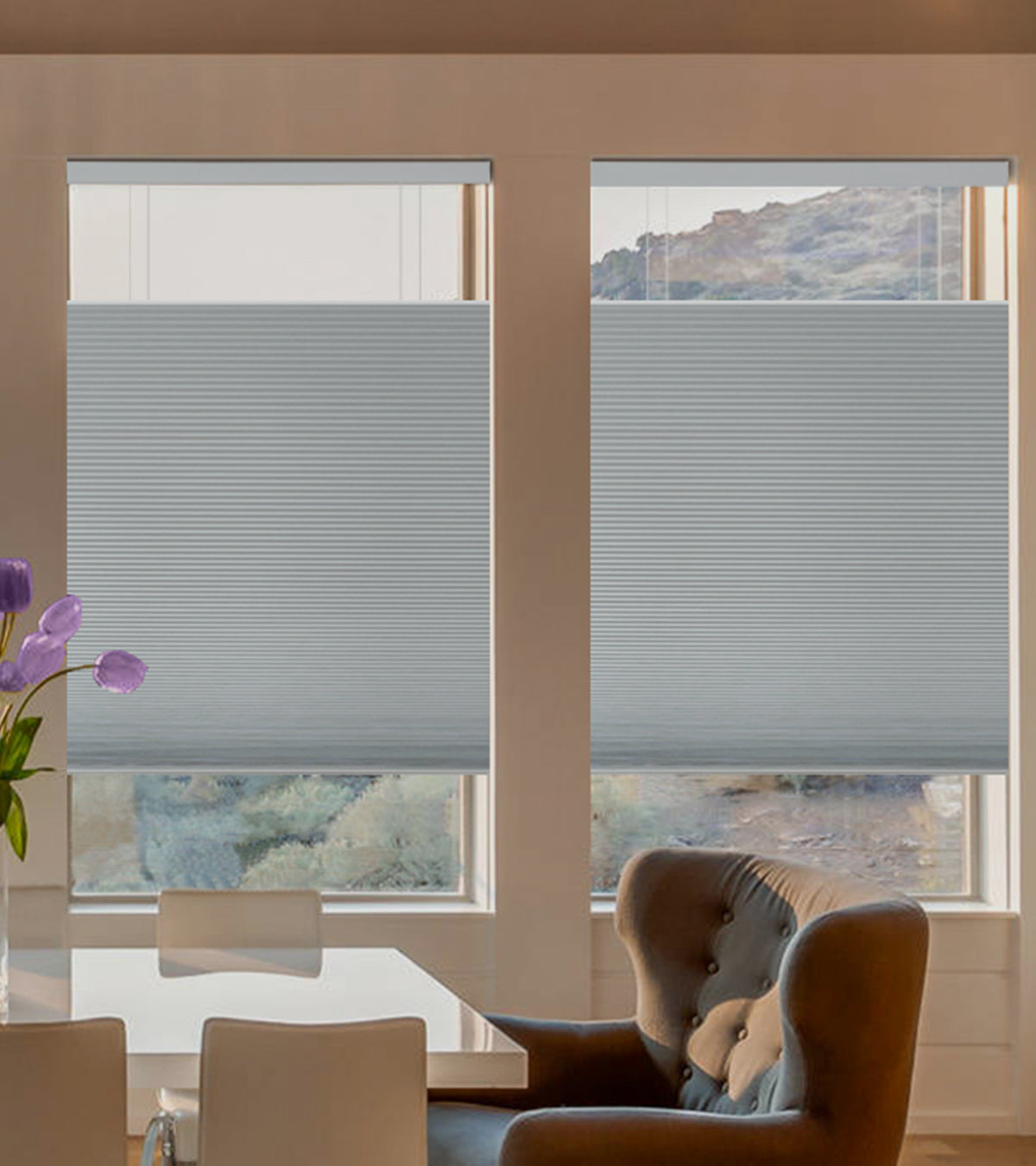 Two windows with light gray top down bottom up blinds in a room with a table and chairs.