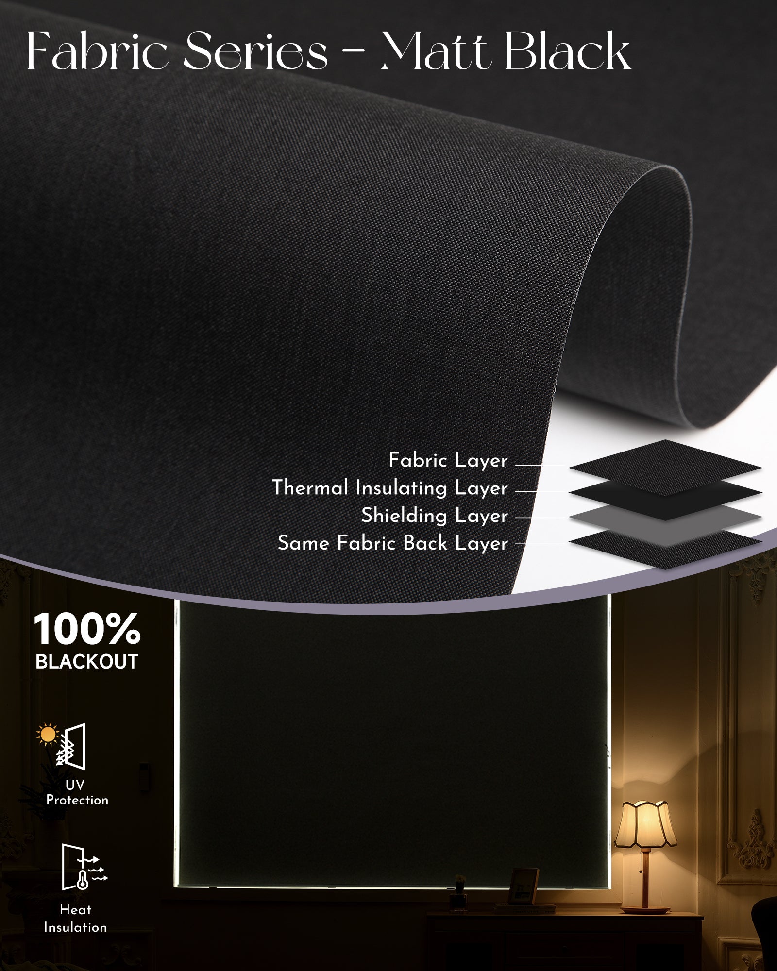 High-quality blackout fabrics, offer absolute privacy & energy saving. Ideal indoor window treatments for bedroom, living room, patio sliding door and media room etc.