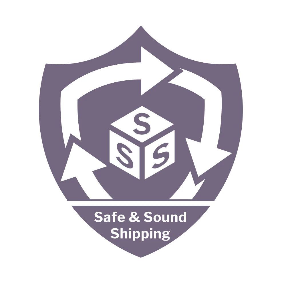 Gray-purple shield logo with cube and arrows for Safe & Sound Shipping.