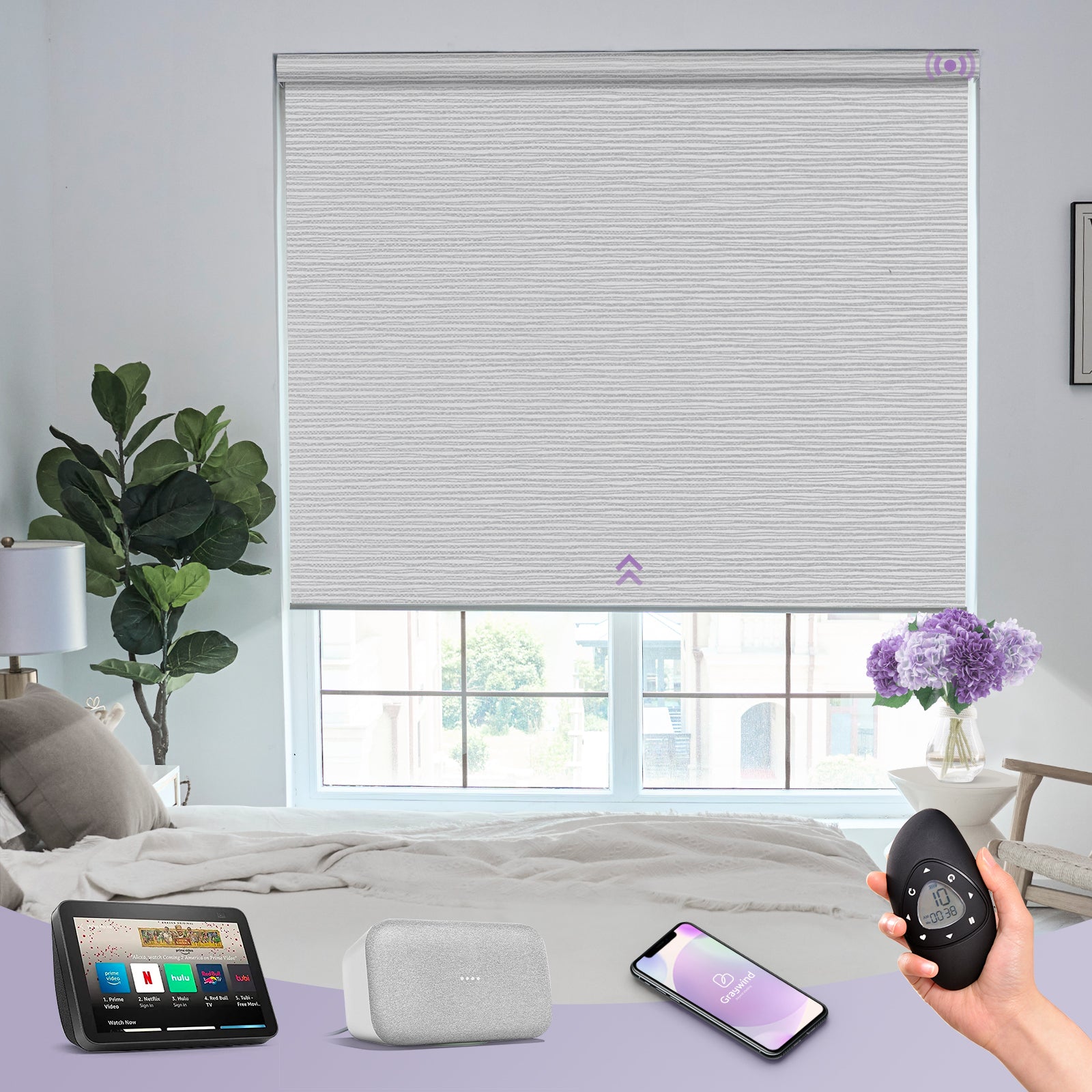 Graywind motorized blackout roller shades work with Alexa Google remote app voice control window blinds for smart home.