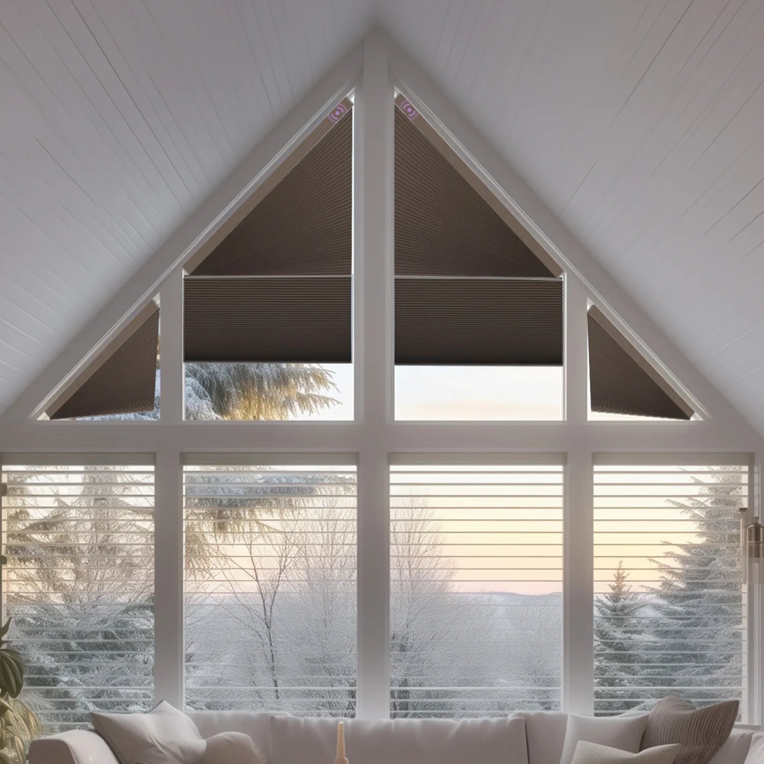 Large window with an odd-shaped blinds, showing a snowy landscape outside.
