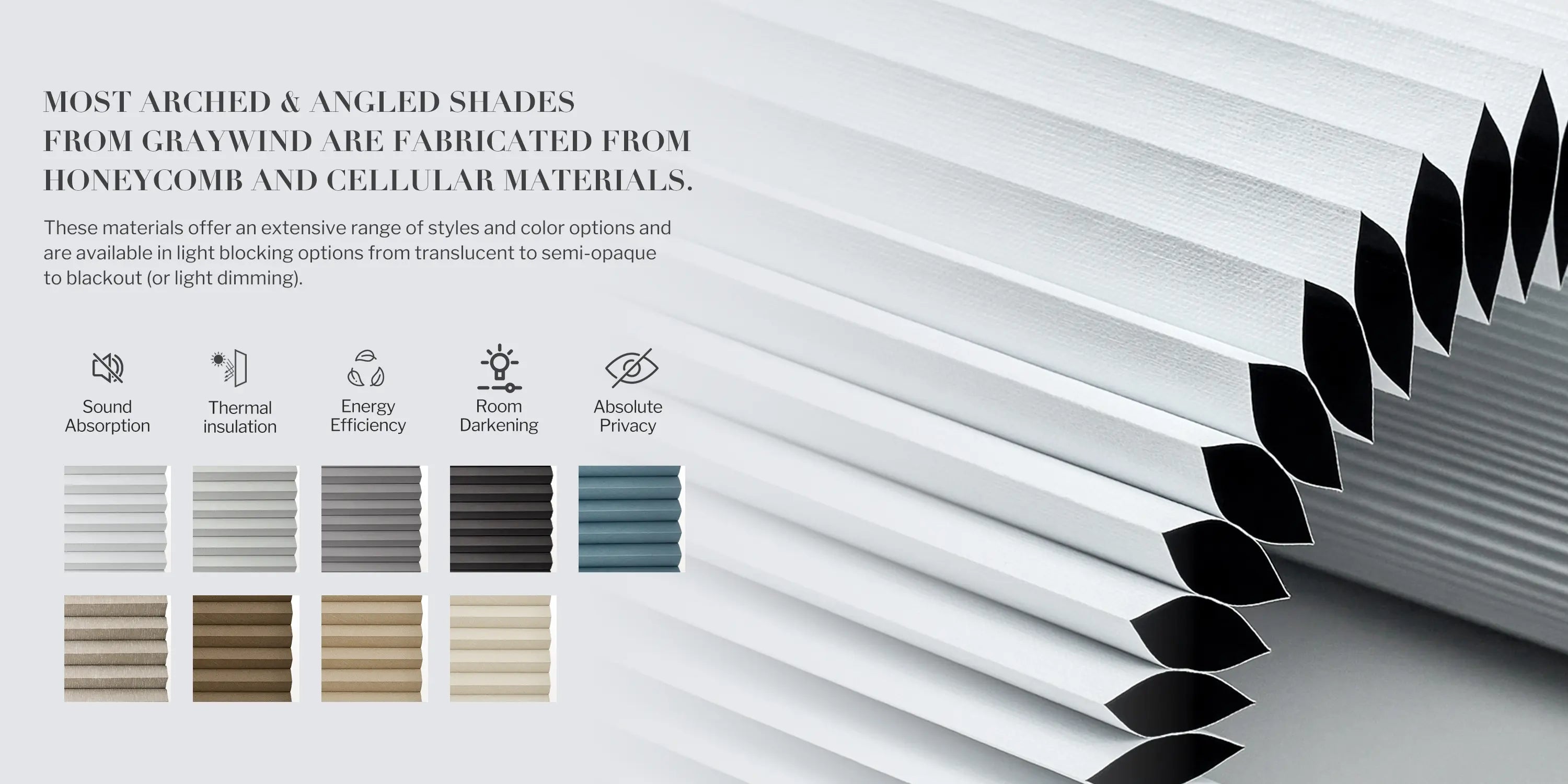 Fabric samples of arch and angled shades.
