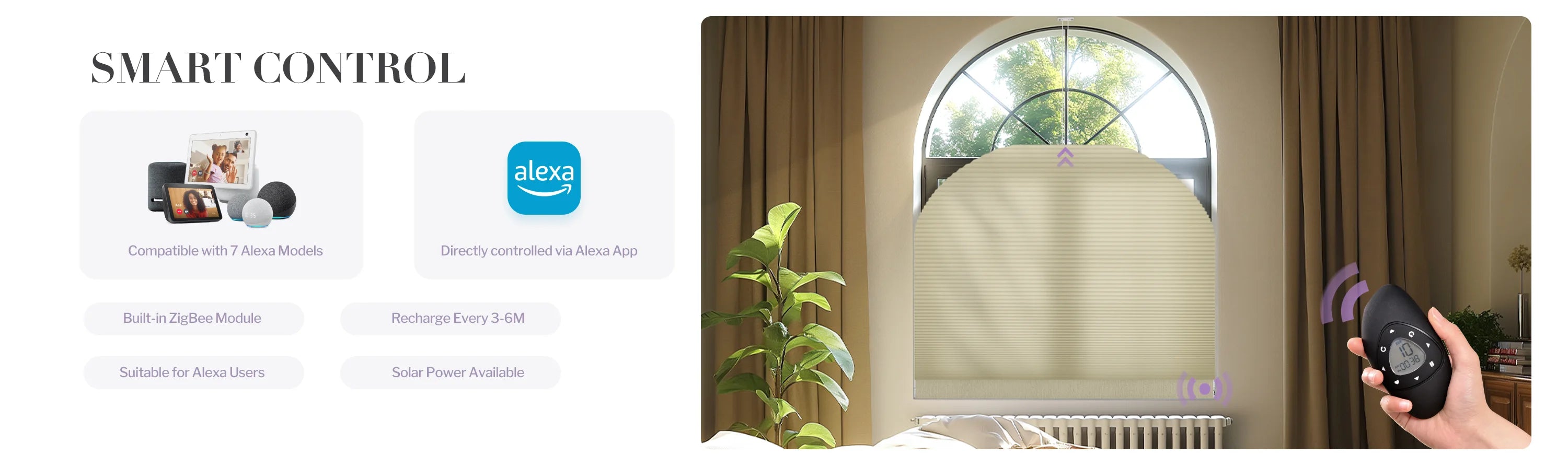 Smart control system with Alexa integration and a person using a remote control.