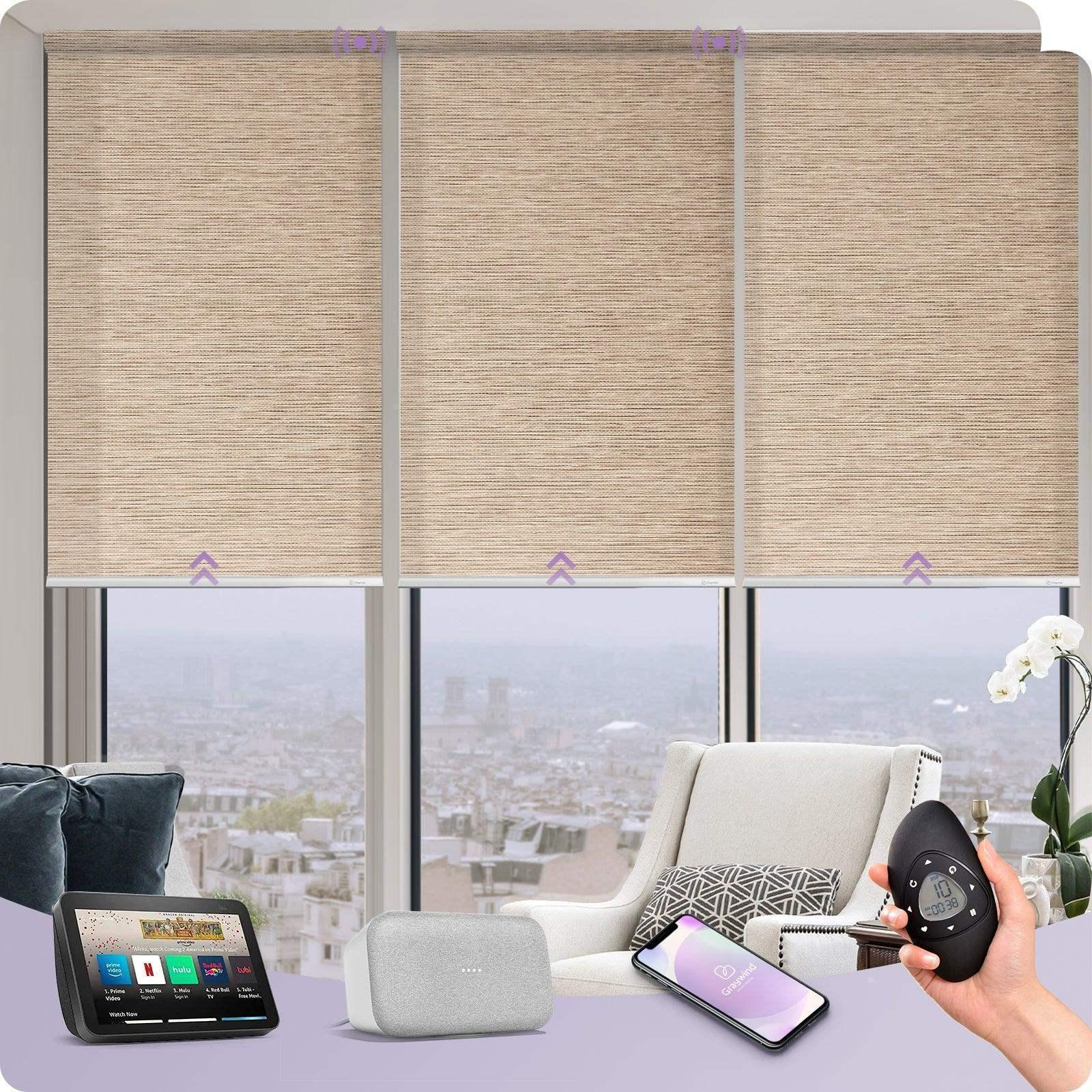 Graywind motorized blackout roller shades work with Alexa Google remote app voice control window blinds for smart home.