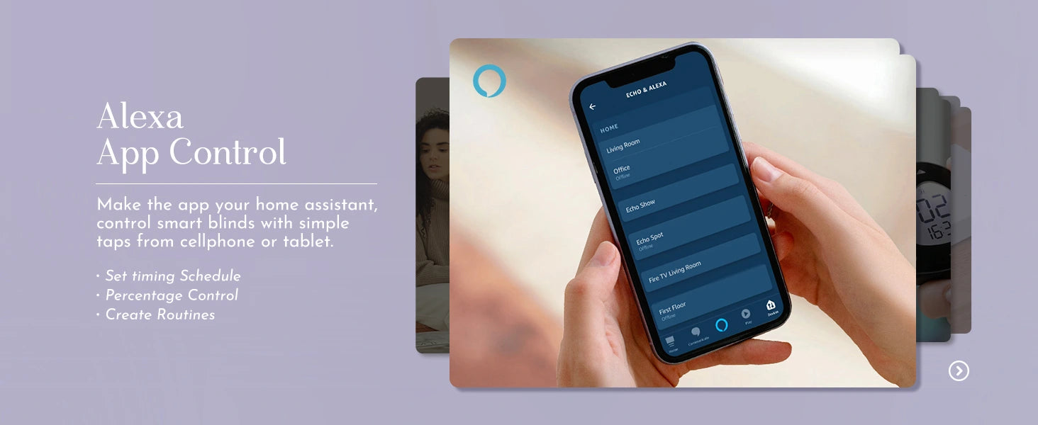 Person holding a smartphone with Alexa app control interface on a light purple background