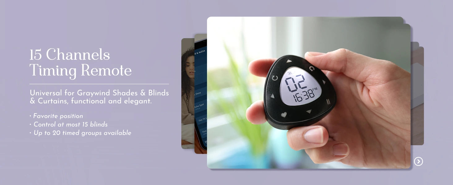 Hand holding a digital timer with text about 15 channels timing remote on a light purple background