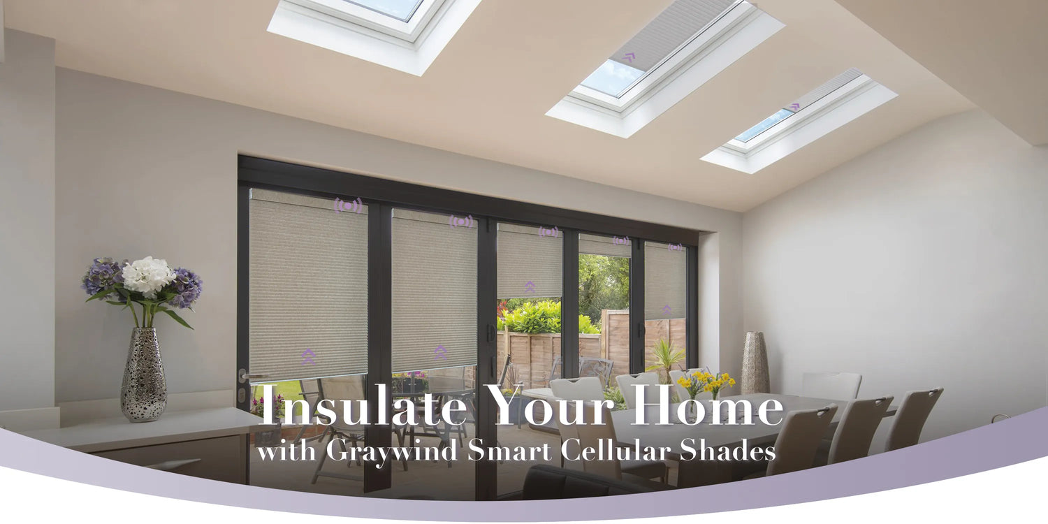 Modern room with large windows and skylights and cellular shades, featuring text about Graywind Smart Cellular Shades.