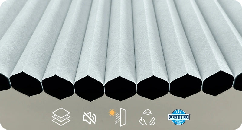 Close-up of pleated blinds with certification logo and icons on a gray background