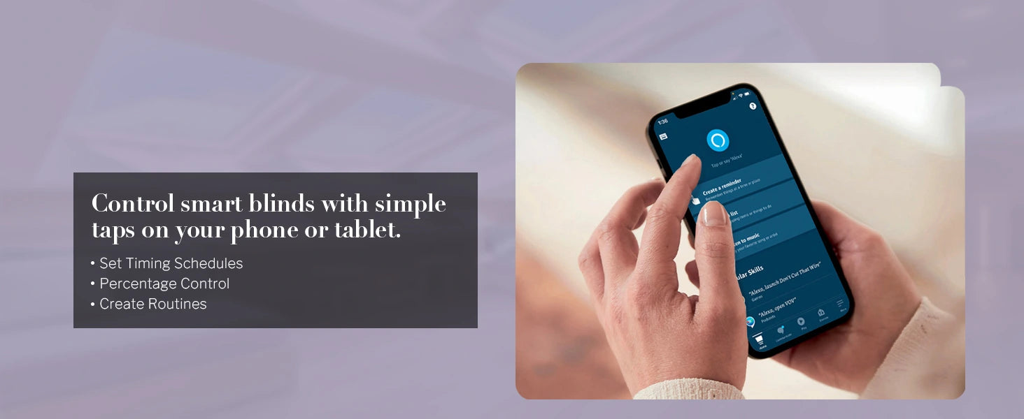 Hand using a smartphone to control smart blinds with text on a purple background