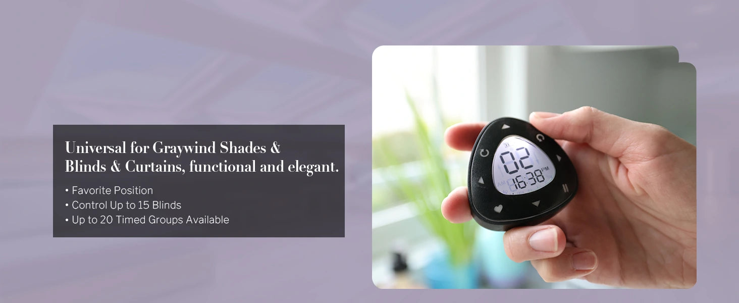 Hand holding a digital timer with text about graywind shades and blinds control.