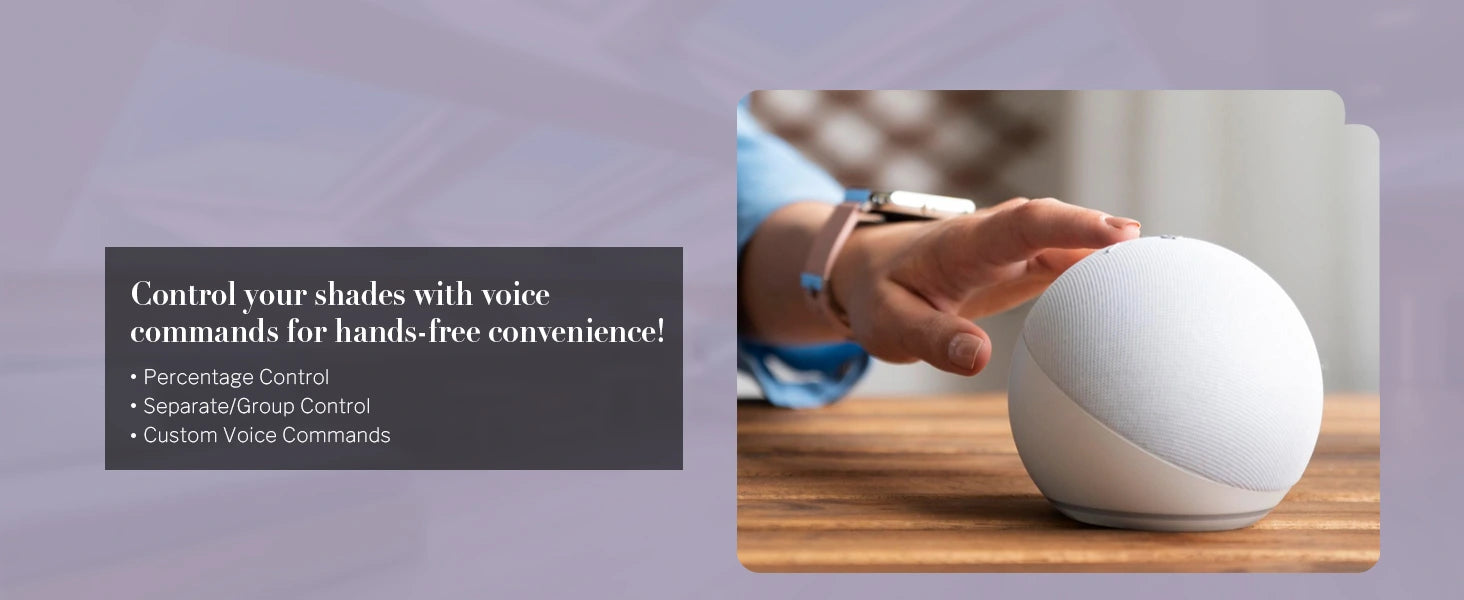 White smart device on a wooden surface with text about voice control for shades.