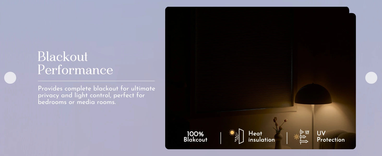 Blackout performance of cellular shades with text on a purple background