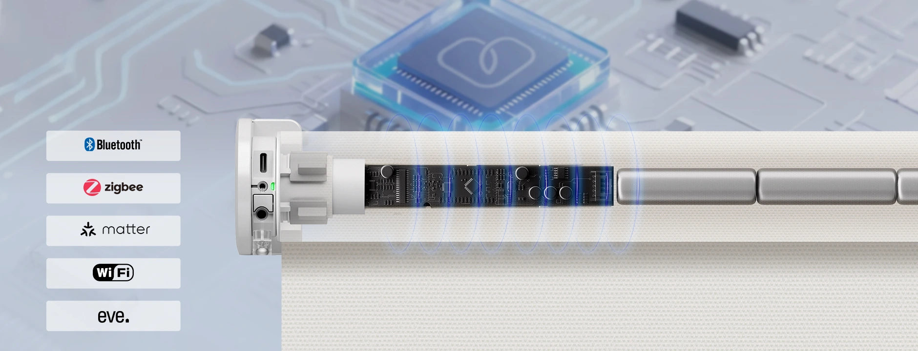 Smart motor with connectivity options on a technical background.