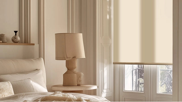 Beige roller blind in a bedroom with a lamp and bed.