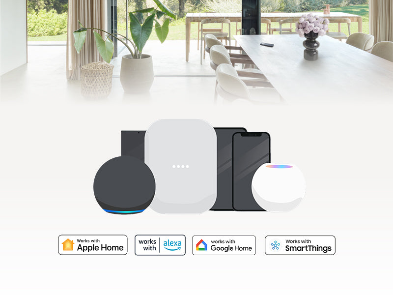 Smart home devices on a white table with a modern interior background
