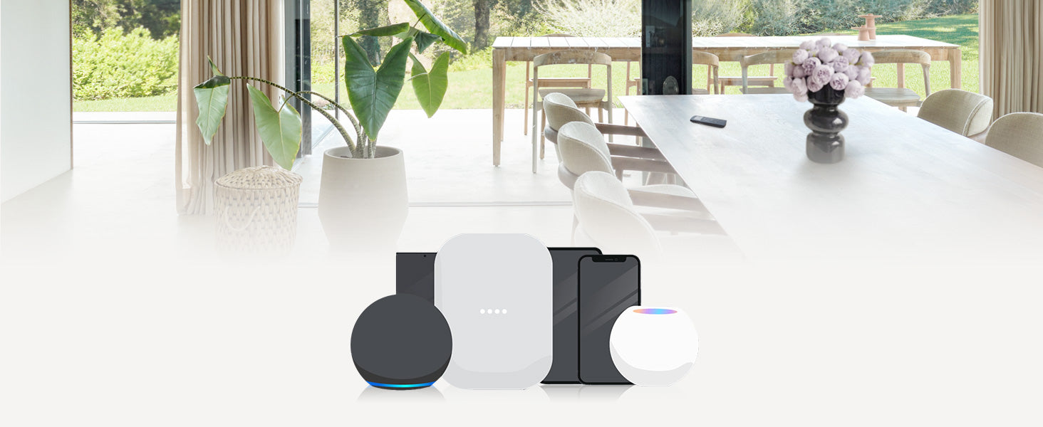 Three modern routers on a white surface with a blurred indoor background