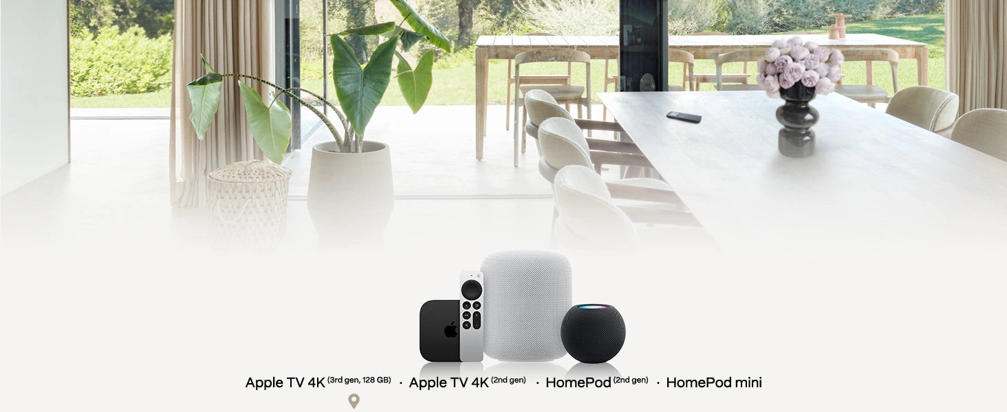 Three smart apple devices on a white surface with a modern room in the background