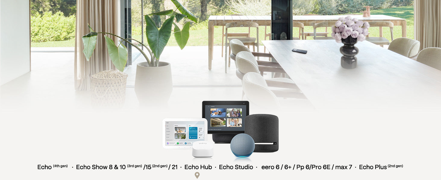 Modern living room with Alexa Echo devices displayed on a table