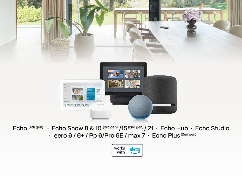 Amazon Echo devices on a table with a modern living room background