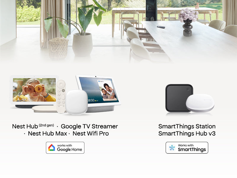 Smart home devices including Nest Hub, Google TV Streamer, and SmartThings Station on a white table.