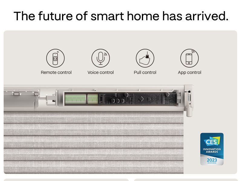 Smart roller shutter with control options and CES 2023 award badge on a white background