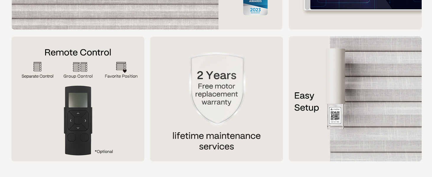 Motorized window blinds with remote control, warranty information, and setup details on a white background.