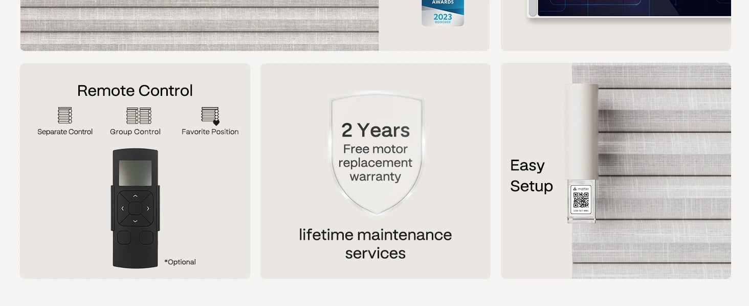 Motorized window blind system with remote control, warranty information, and setup ease features.