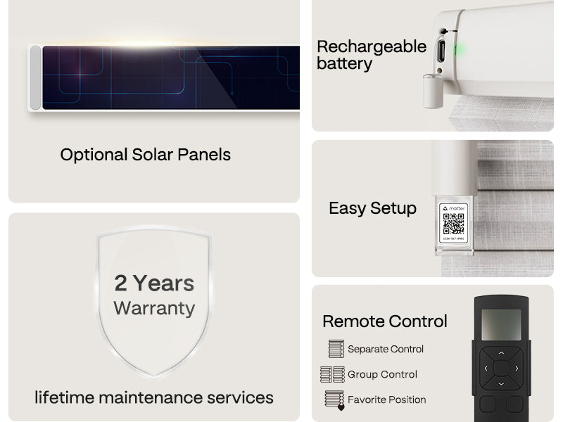 Product features including rechargeable battery, optional solar panels, easy setup, remote control, and warranty information on a white background.
