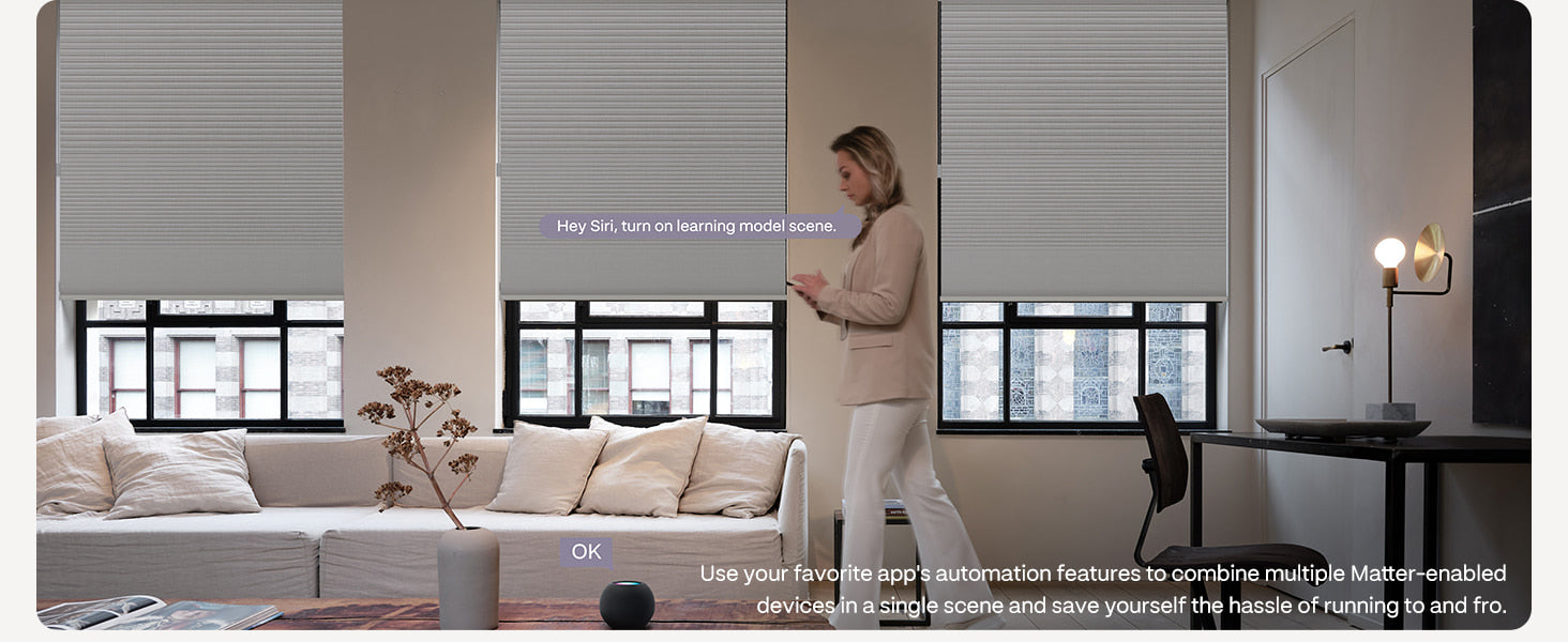 Woman using a smartphone in a modern living room with smart window blinds.