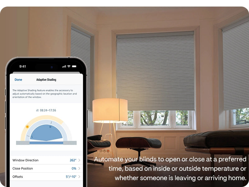 Smartphone displaying a home automation app with blinds in a room