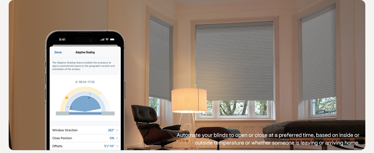 Smartphone displaying a home automation app with blinds in the background