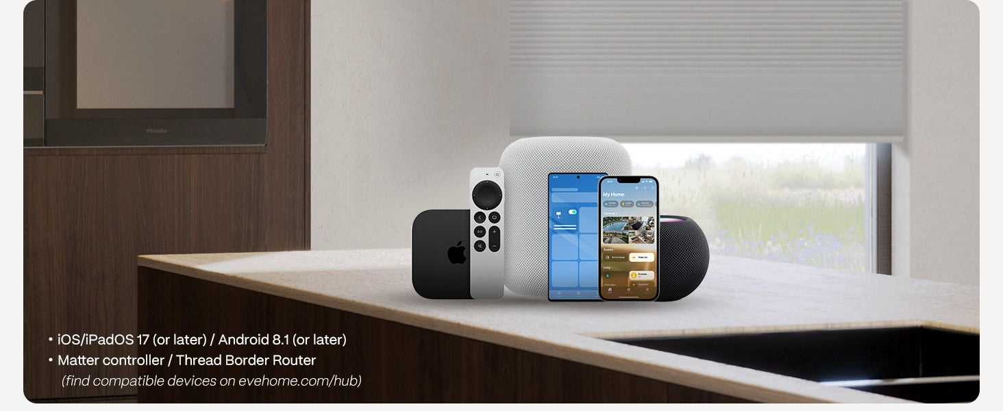 Smart home devices on a kitchen counter with a window in the background