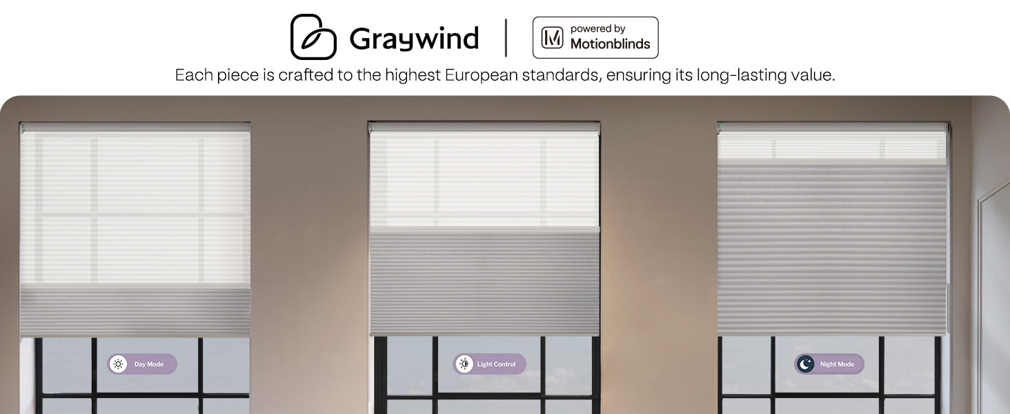 Graywind window blinds with branding and product details on a white background