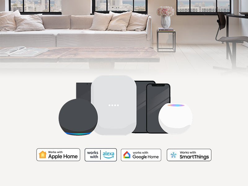 Smart home devices on living room background