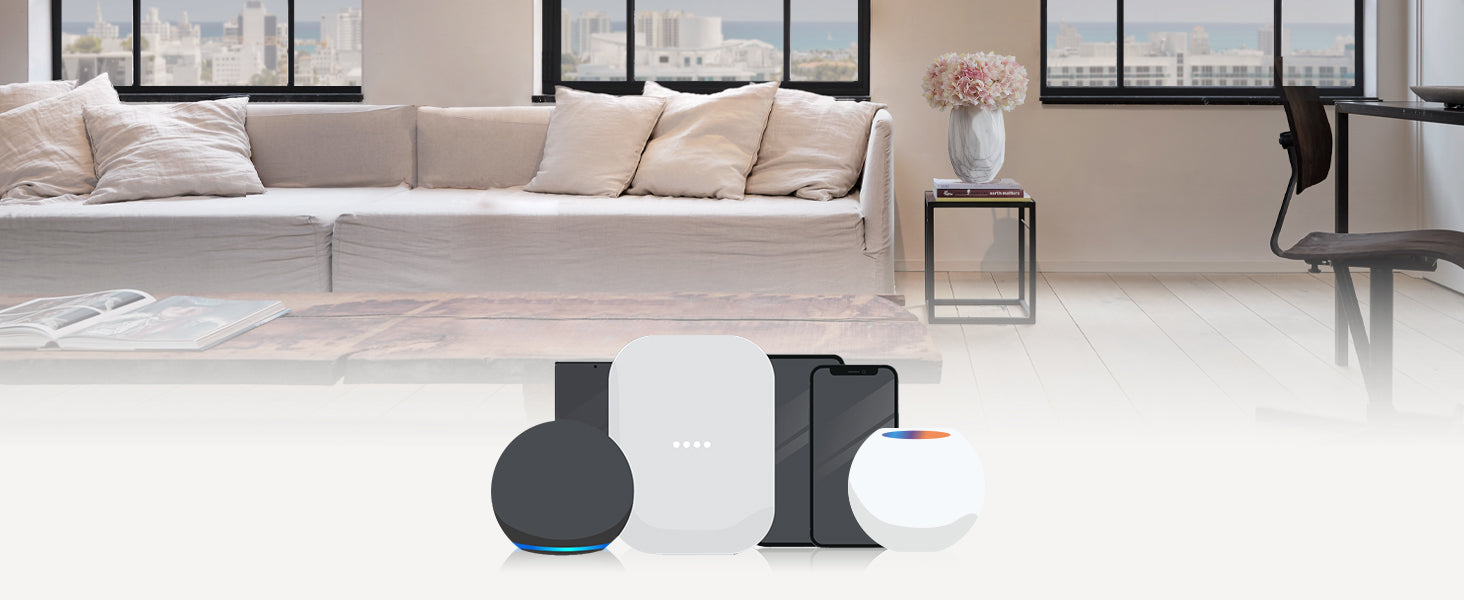 Smart home devices on living room background