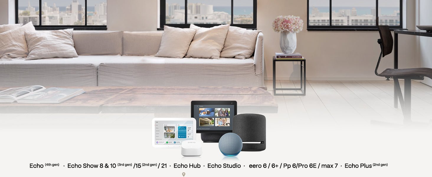 Alexa devices on living room background