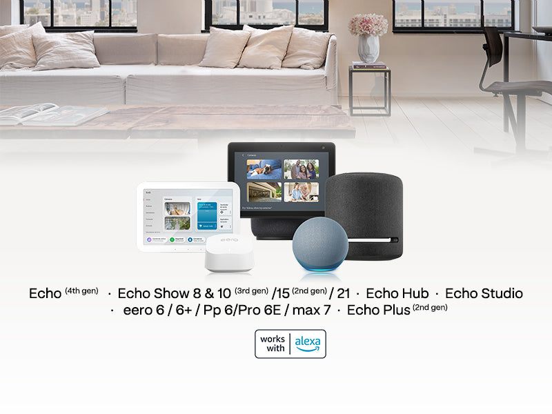 Amazon Echo devices on living room background