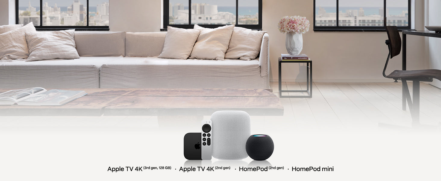 Apple HomeKit devices on living room background