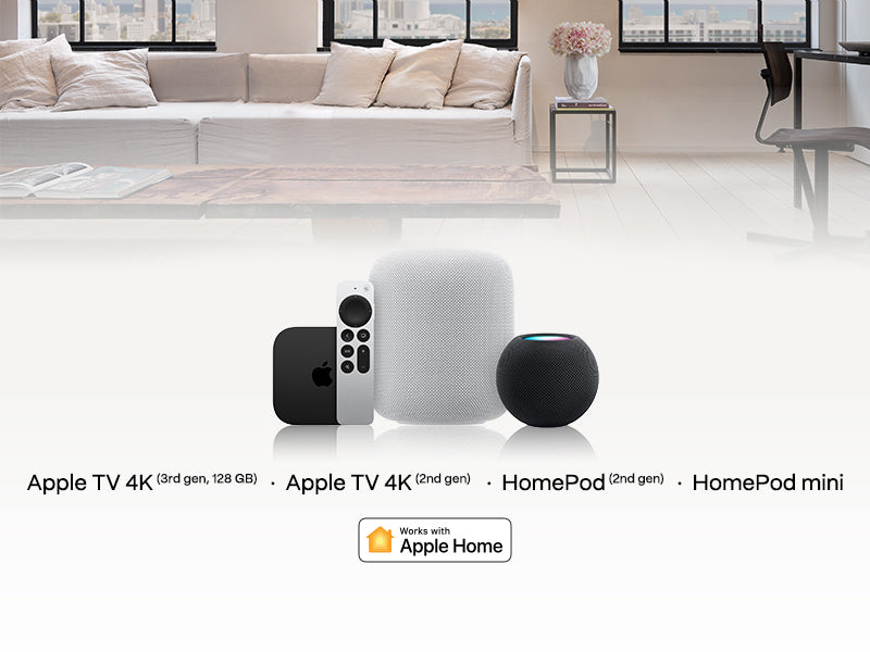 Apple TV 4K, HomePod, and HomePod mini devices displayed in a living room setting.