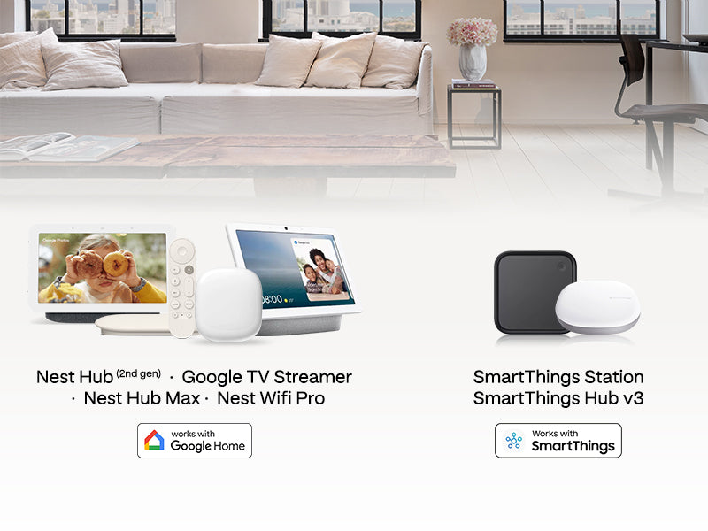 Google and Samsung smart home devices on living room background