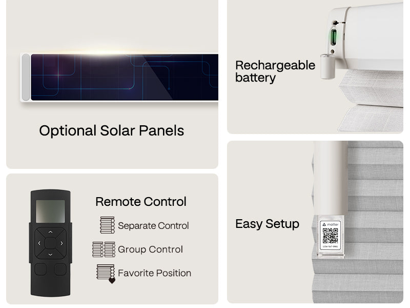Product features including solar panels, rechargeable battery, remote control, and easy setup on a white background.
